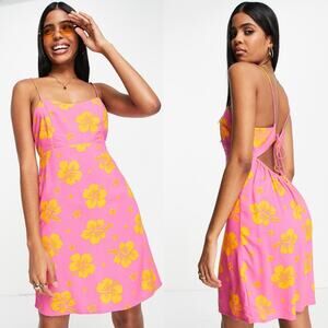 Miss Selfridge Women's Pink & Orange Tropical Floral Mini Dress Size 12 New